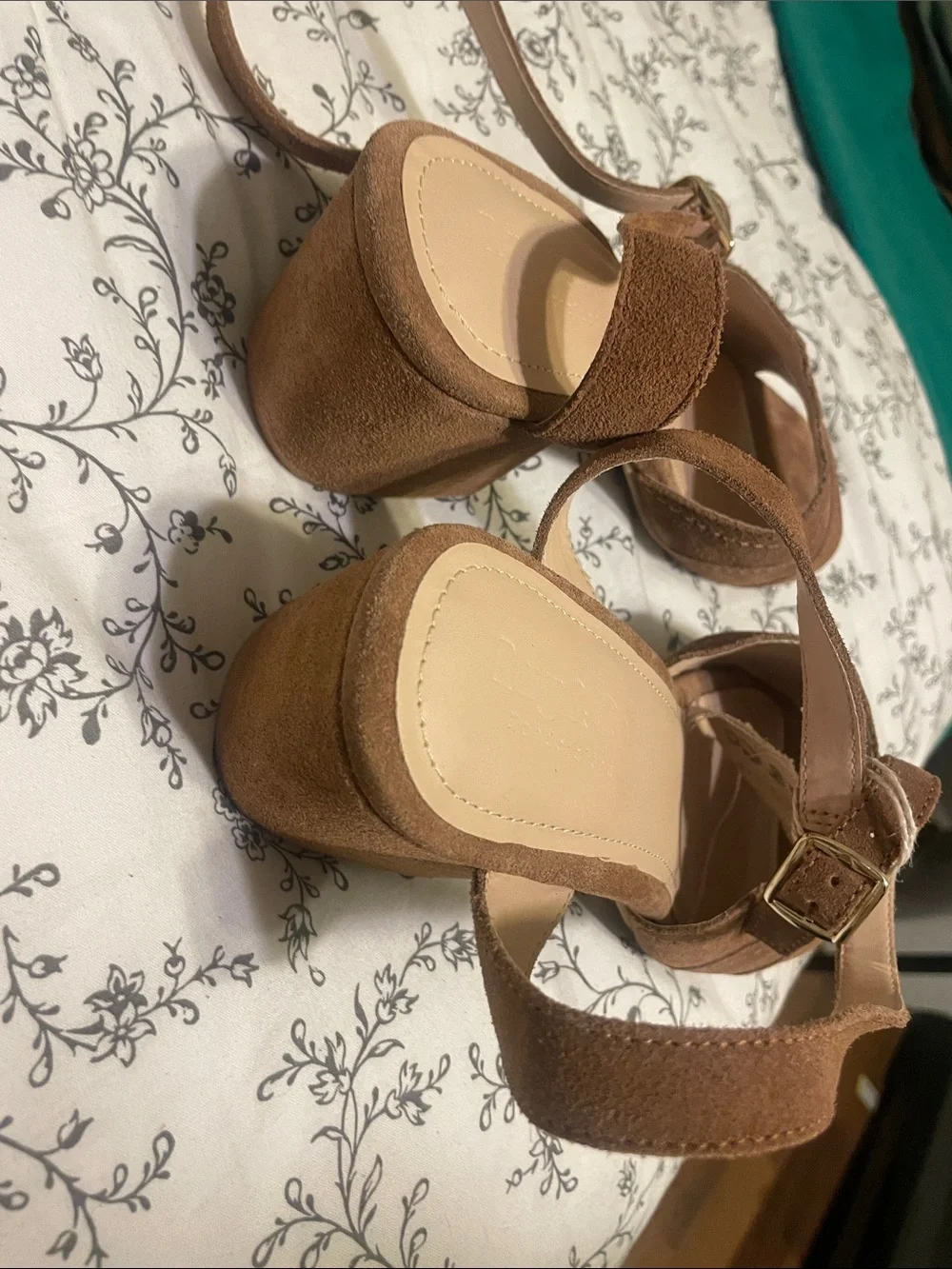 Block Heel Ankle-Strap Sandals in Taupe Suede